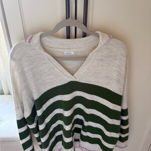 Mersea Cream and Green Striped V-Neck Sweater
